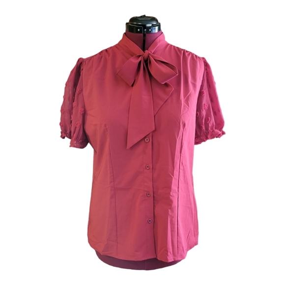 Belle Poque Short Sleeve Button Down Blouse | Size XL | Wine Red - Picture 6 of 13